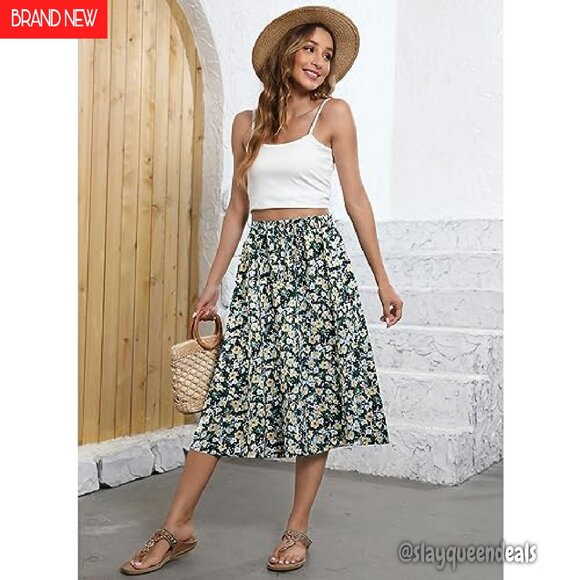 Flowy Midi Skirt High Waist Elastic A-Line with Pockets Women's - Picture 6 of 8